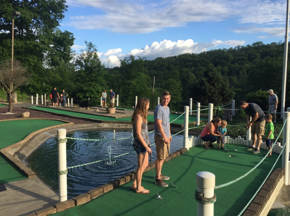 Families and friends playing mini golf on the course