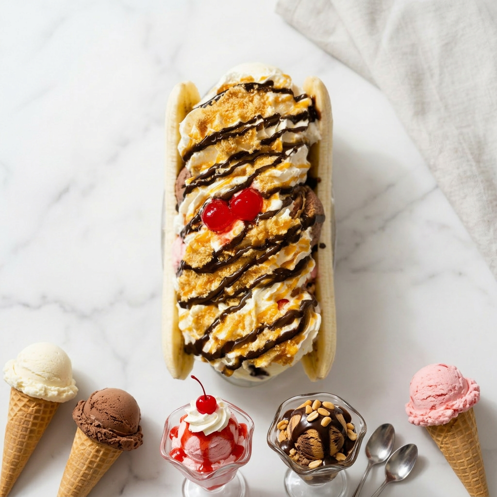 Classic banana split sundae