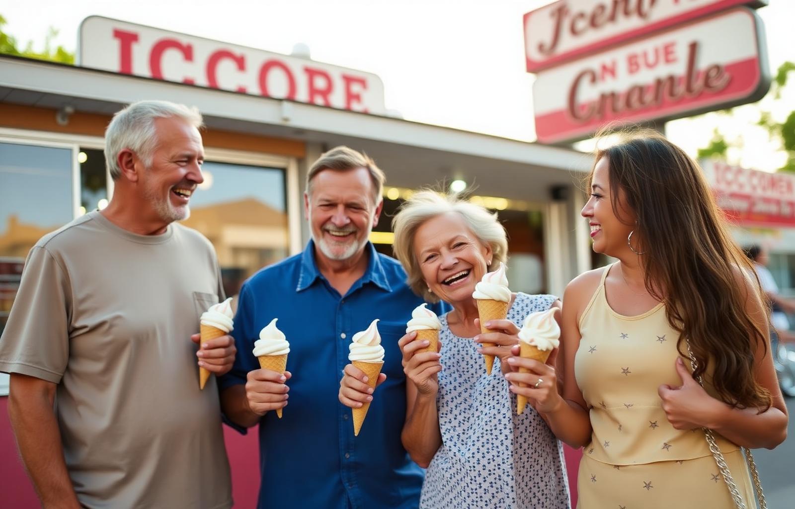 A family enjoying ice cream cones on a sunny day