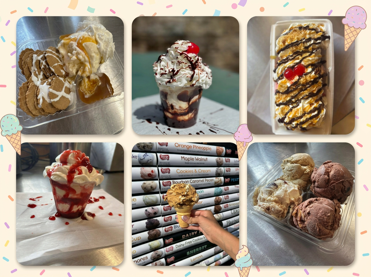 Collage of Mister C's ice cream sundaes, scoops, and Perry's flavors